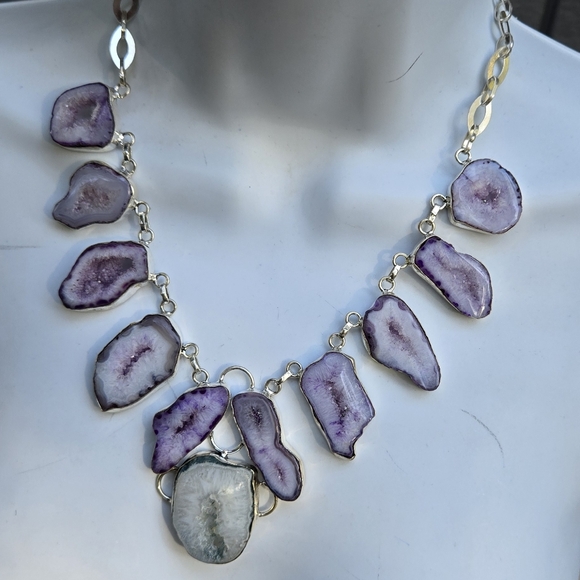 Agate purple lace drutzy sterling silver bib necklace - Picture 7 of 9